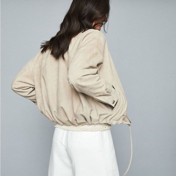 Reiss Solene Suede Bomber Jacket L Cream Tan Leather Zip-Up Designer Outerwear - Picture 3 of 9